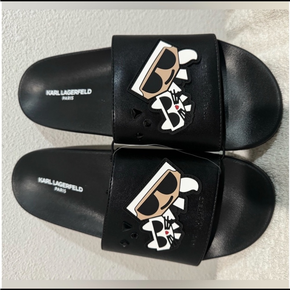 Karl Lagerfeld Black Slide Sandals with Metallic Accents